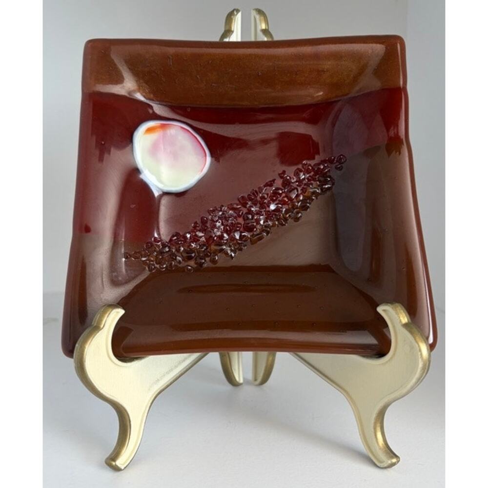 Fused glass tray, moon/sun, amber & red, unsigned, STUNNING